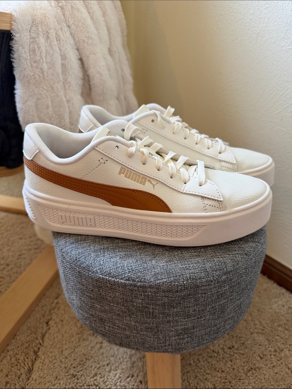 Puma Smash V3 White Sneakers with Camel Side Stripe